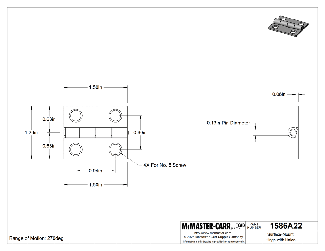 Technical Drawing of Surface-Mount Hinge with Holes, Polished 304 Stainless Steel, Nonremovable Pin, 1.5" x 5/8" Leaves.